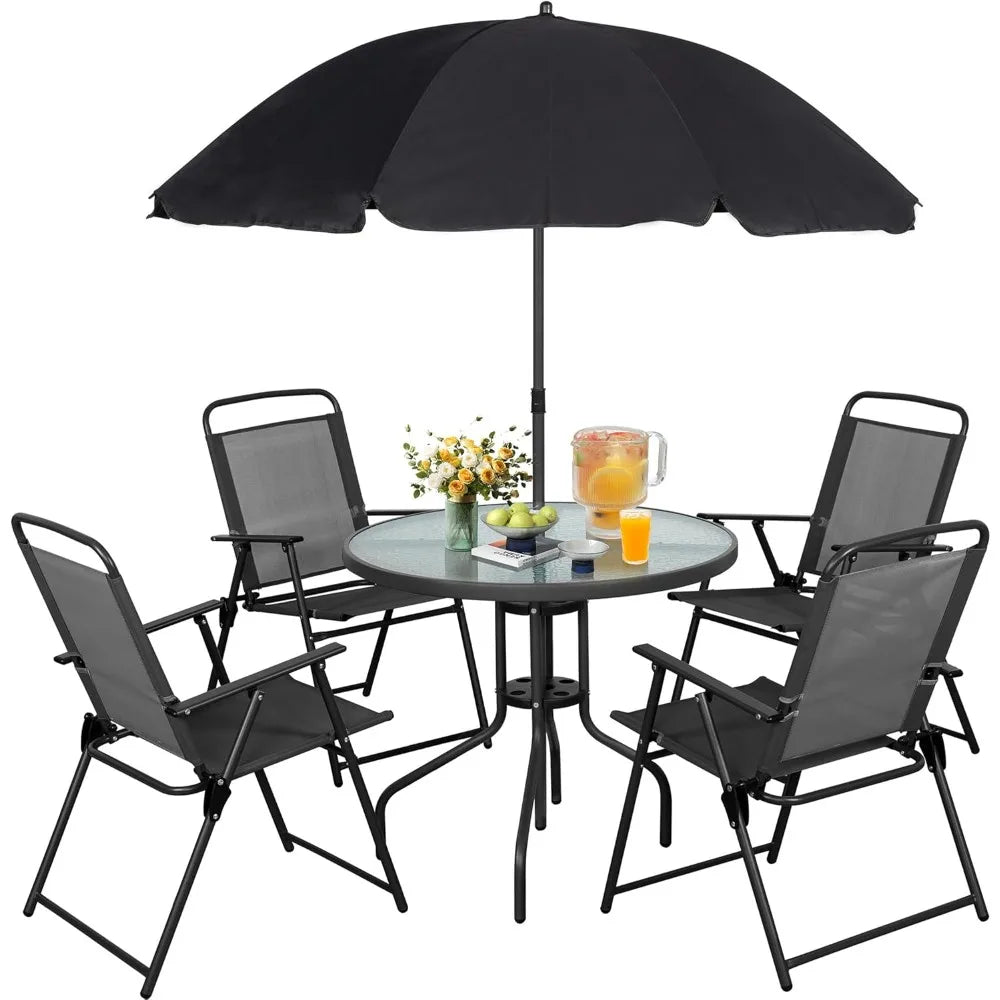 6 Piece Patio Dining Set, Small Metal Outdoor Garden Patios Table and Chair with Umbrella, Folding Patio Dining Set