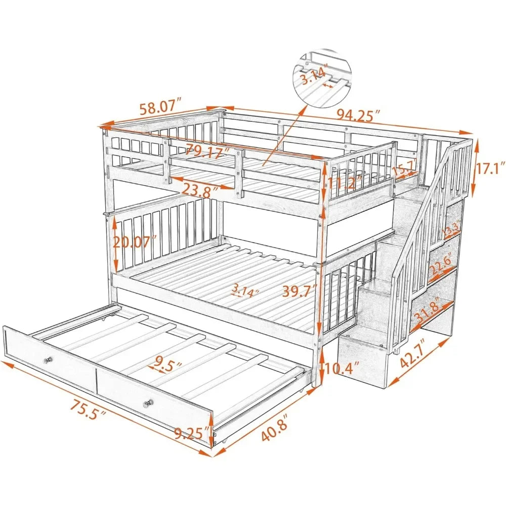 Full Over Full Bunk Bed with Trundle & Stairs, Wooden Full Size Bunk Bed Frame with Storage,for Kids Teens Adults