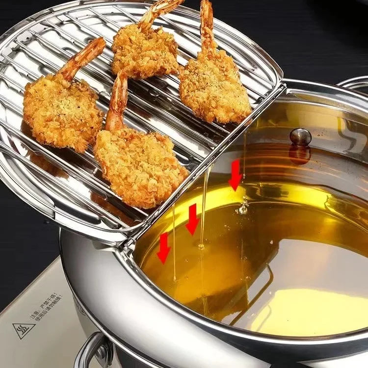 304 Stainless Steel Pan ,Tempura Fryer Pan, Japanese Deep Frying Pot with a Thermometer and a Lid， cookware ，20 /24 /28cm