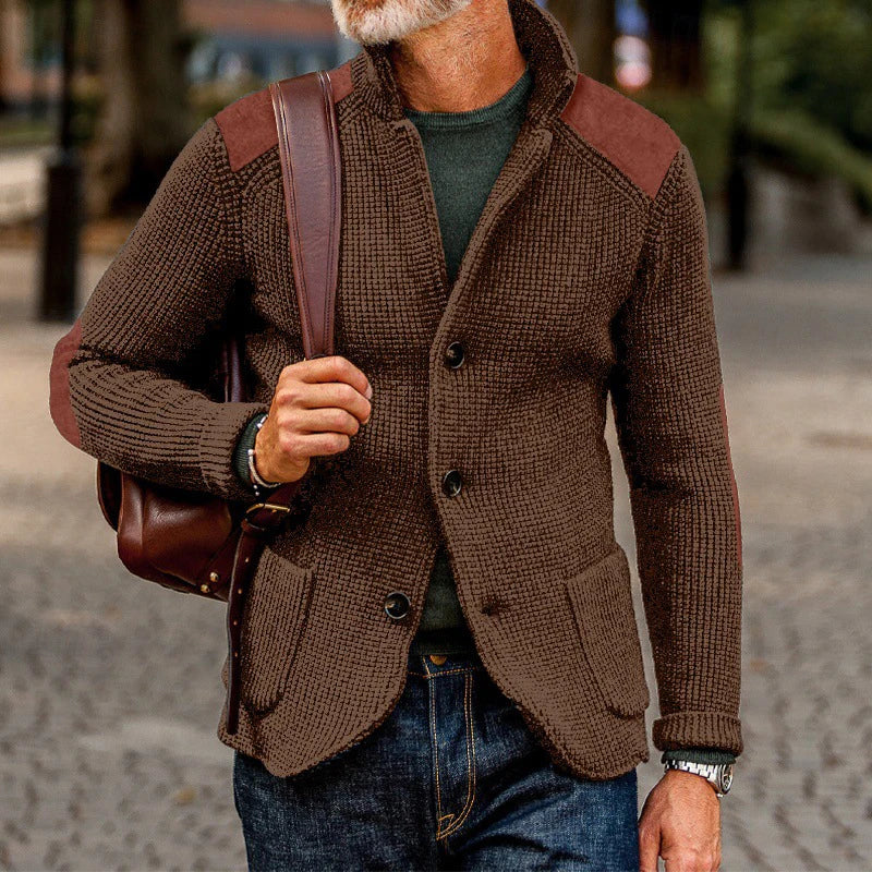 Vintage Patchwork Stand Collar Knitted Jackets Men Spring Casual Button Sweater Cardigan Mens Fashion Slim Knitting Sweatercoats