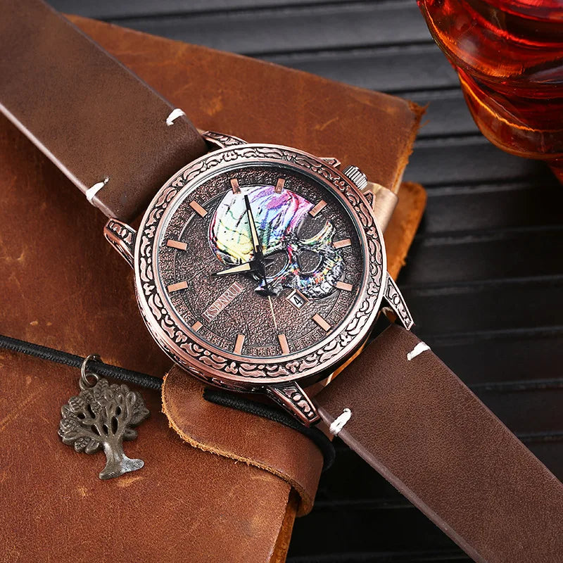 UTHAI BK149 Antique Bronze Colorful Skull Head Retro Men's Watch Casual Fashion Cool Calendar Waterproof Quartz Watch