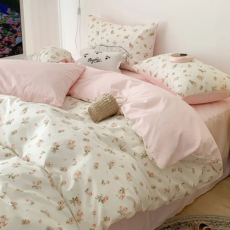 Pink Floral Bedding Set Soft Ins Single Double Queen Size Duvet Cover Flat Sheet Pillowcase Girls Home Totel Bed Linens