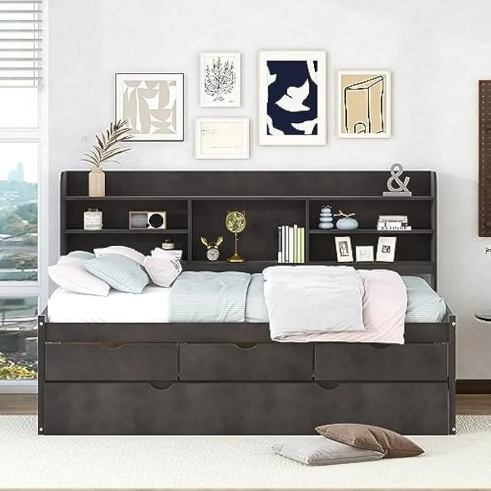 Twin Captain Bed, Twin Beds with Trundle and Storage Drawers Wood Daybed Frame Bookcase Headboard Slats Support for Boys Girls