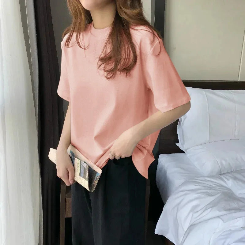 White short sleeve T-shirt women's summer 2023 loose simple cotton T-shirt round neck with five-point top trend
