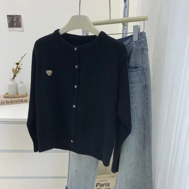 Yaminiya Autumn 2024 O-Neck Knit Sweater Sweet Cartoon Embroidery Casual Tops Japanese Fashion Single Breasted Cardigan Harajuku