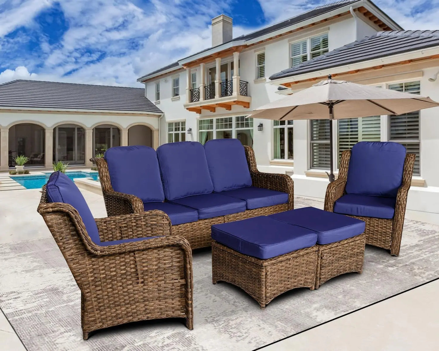 Rattan Outdoor Combination Reception Set, Terrace Furniture, 3 Outdoor Sofas, 2 Single Chairs, 2 Footstools