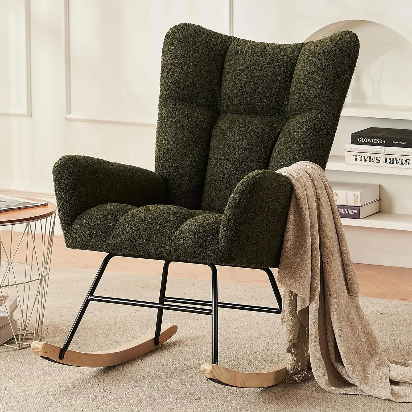 Modern Nursery Rocking Chair, Upholstered Glider Chair with High Backrest, Rocker Accent Armchair with Solid Wood Legs