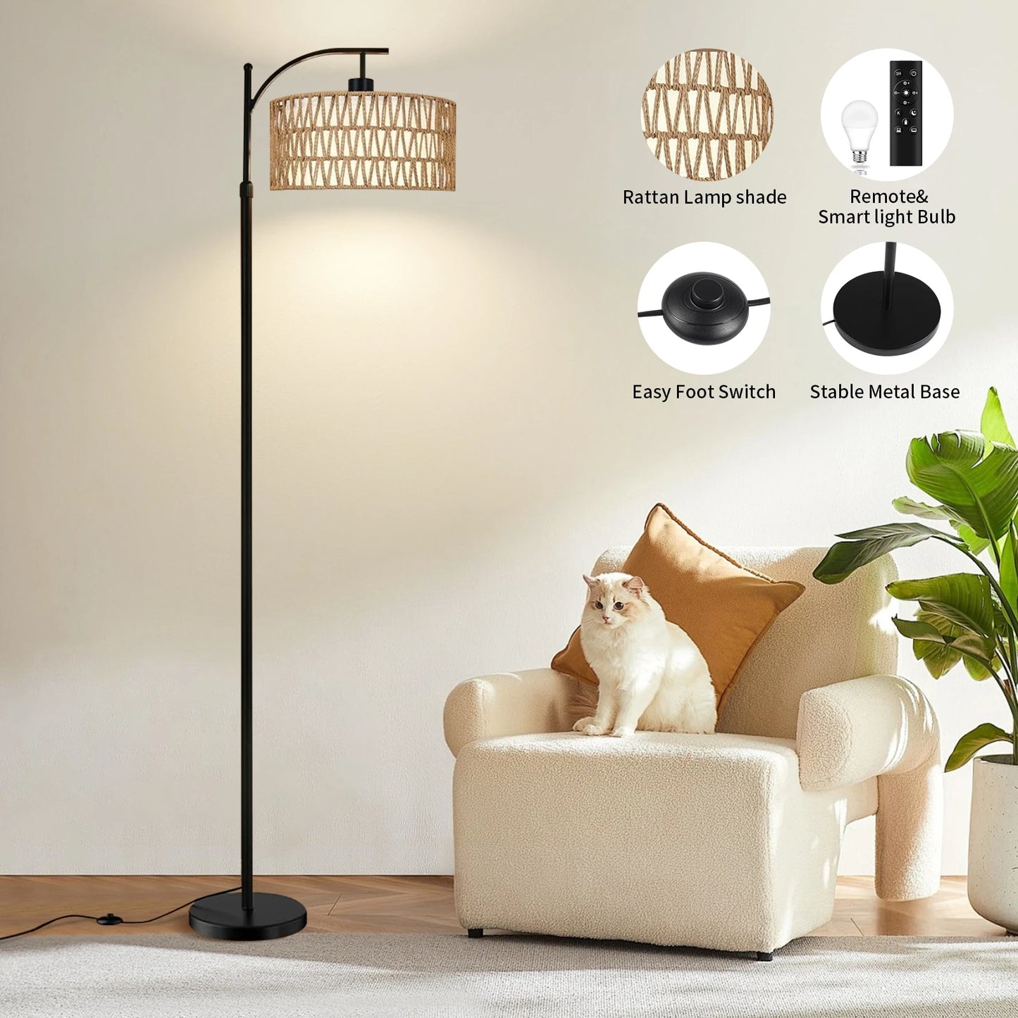 Arc Floor Lamp for Living Room Boho Standing Lamp with Rattan & Fabric Shades with 3 Color Temperature  Adjustable Tall Lamp