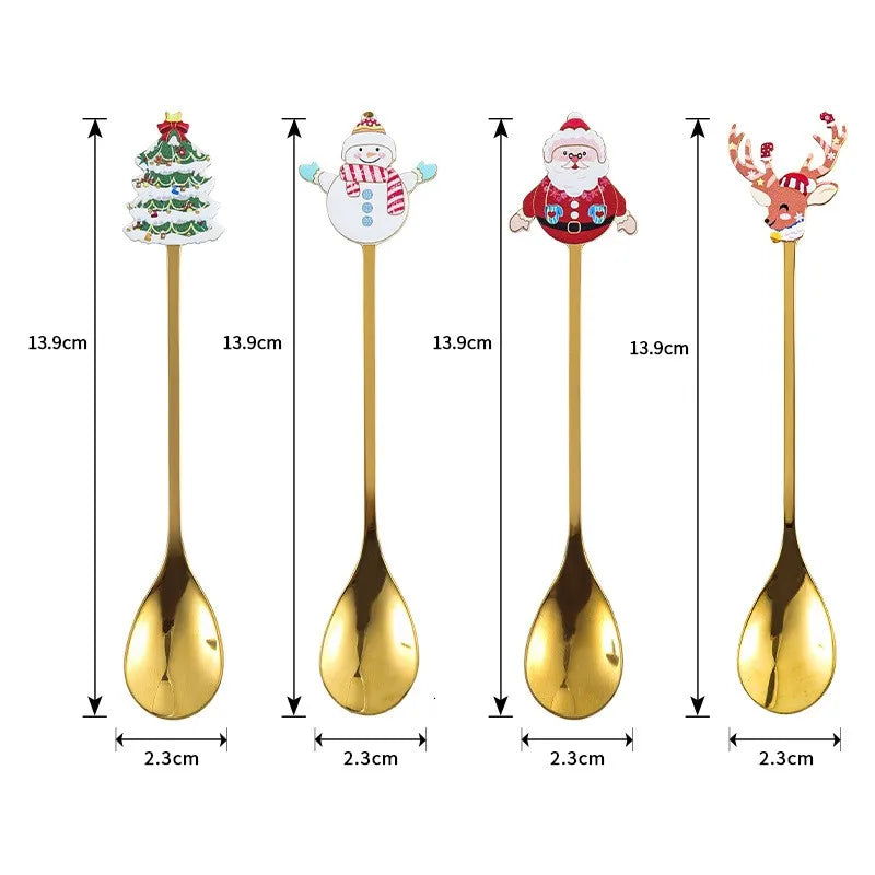 4PCS 304 Stainless Steel Golden Cutlery Christmas Cutlery Coffee Stirring Spoon Christmas Gift Santa Dessert Spoon Kitchenware