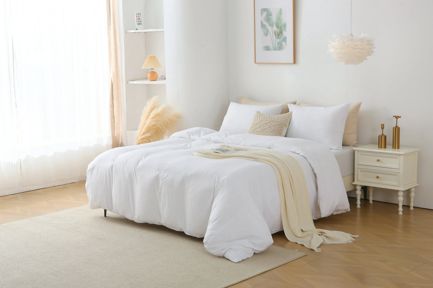 3 Pieces Solid Color Bedding Set with 1 Duvet Cover and 2 Pillow Shams, Comforter Not Included (King Size, White)