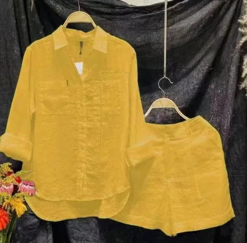 Casual Cotton And Linen Women Shirt Short Two Piece Sets Solid Color Loose Short Sleeve Top Shorts Fashion Suit Tracksuit Summer