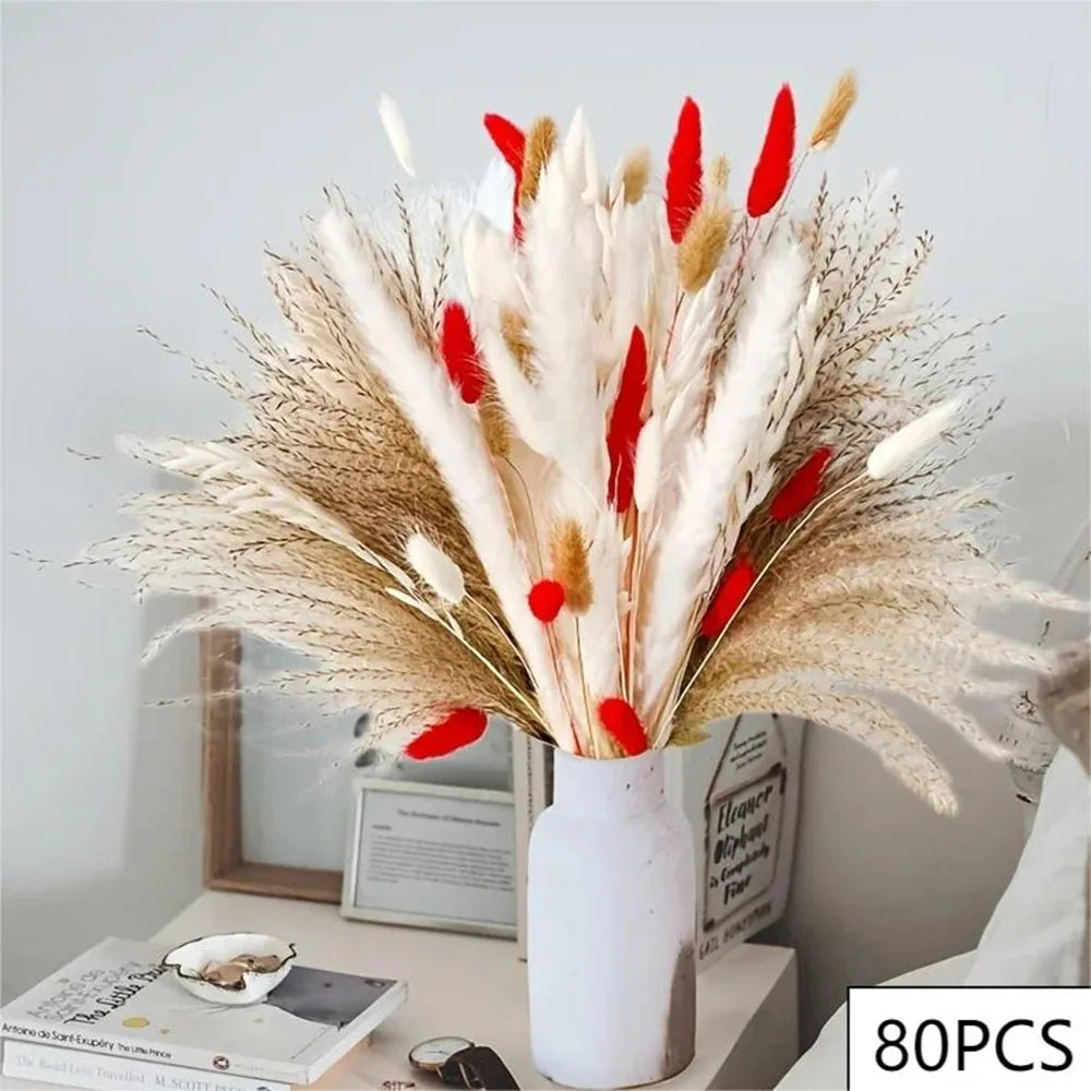 Natural Pampas Grass Bouquet Red Dried Flowers Decor Wedding Floral Arrangement Cotton Reeds DIY Home Bedroom Vase Decoration