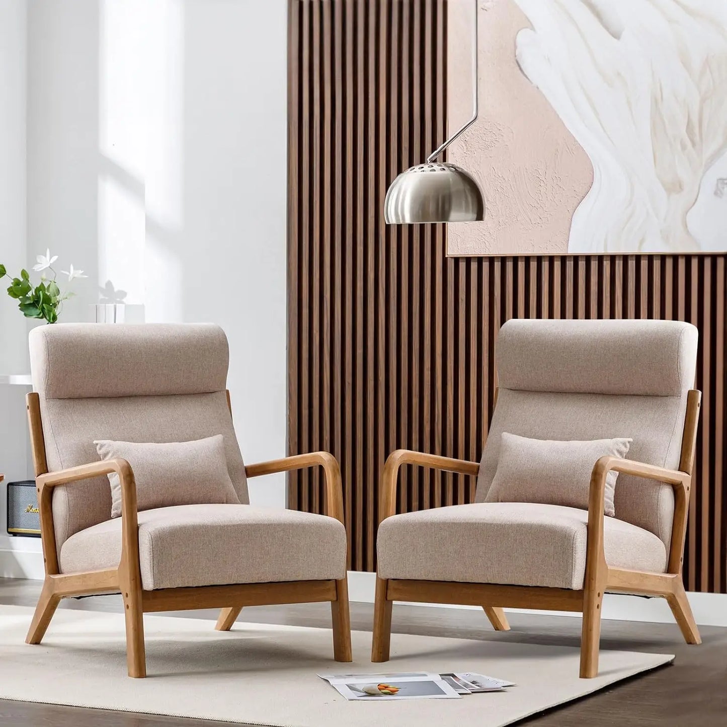 Mid Century Modern Accent Chairs Set of 2, Single Fabric Lounge Reading Armchair with Solid Wood Frame,Easy Assembly Arm Chairs