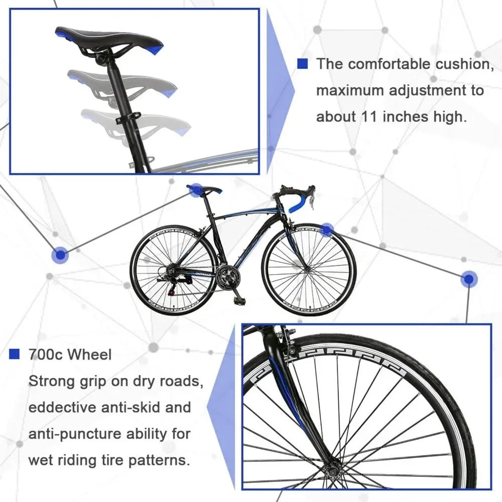 21 Speed Road Bike with Light Aluminum Alloy Frame, 700C Wheelwith Dual Disc/V Brakes, Adult Faster Racing Road Bike
