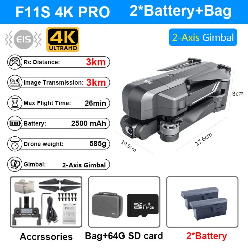 SJRC F11S 4K Pro 5KM Drone 4K Profesional GPS Dron With Camera Foldable 2 Axis Stabilized Gimbal 5G WiFi FPV Drones Ship from US