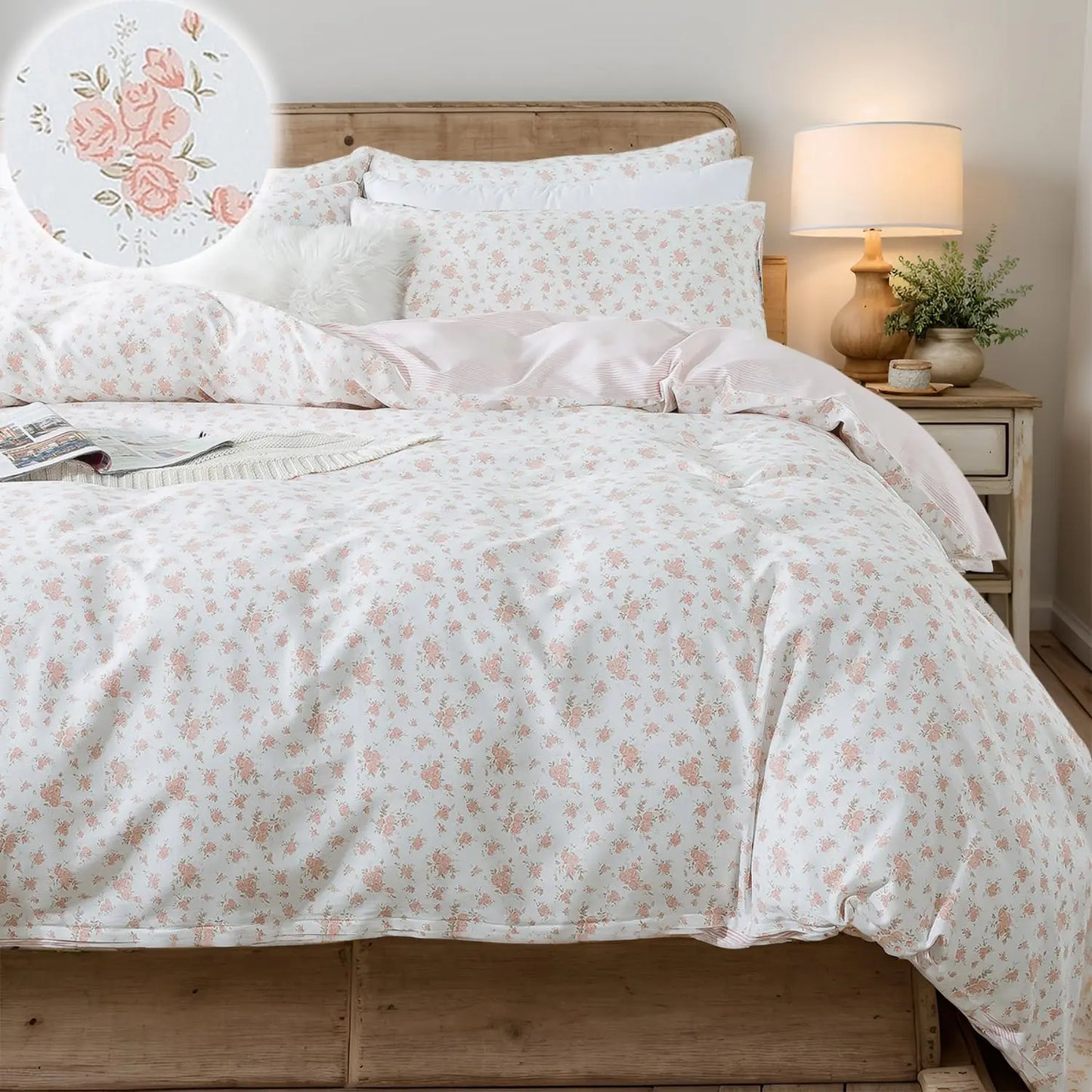 Floral Duvet Cover Queen 100% Cotton Blue Green Farmhouse Bedding Super Soft Reversible Striped Country Bed Purple Hydrangea
