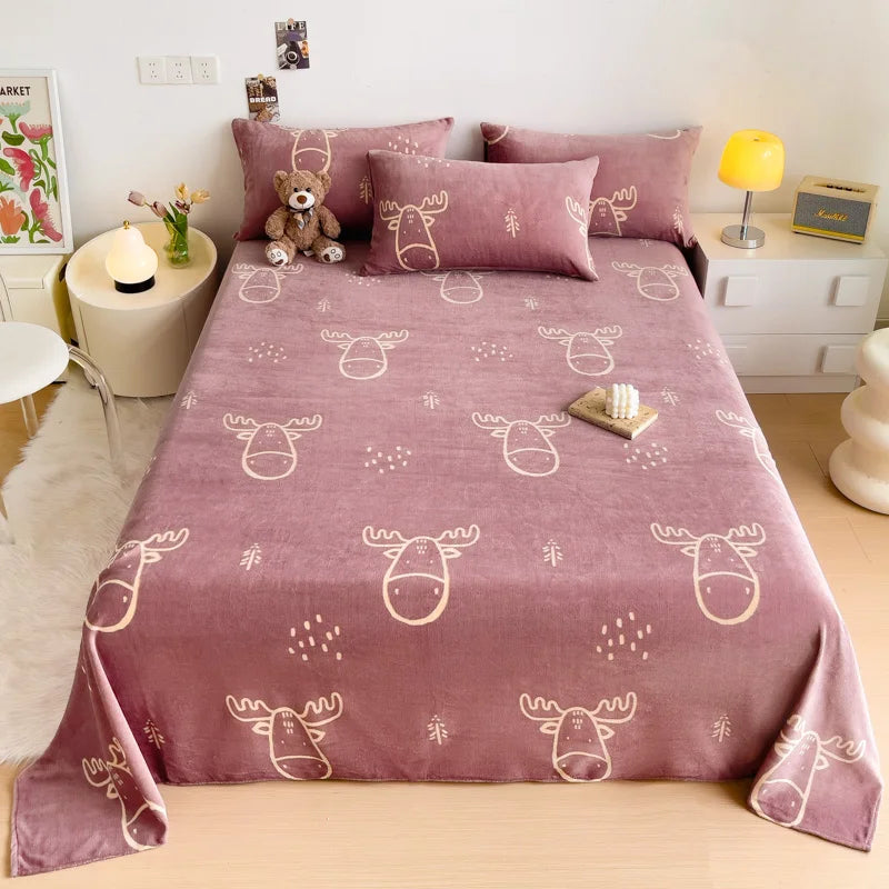 Geometric Plaid Pattern Flannel Bed Sheet Set Super Soft Plush Bed Sheets with 2 Pillowcases Luxury Queen Size Bedding Set