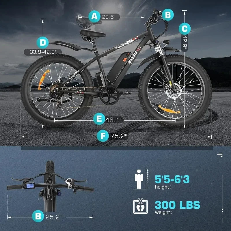 Electric Bike 26" Fat Tire Electric Bike for Adult, 25mph Peak 750W 48V 10.4Ah Removable Lithium-Ion Battery Electric Mountain
