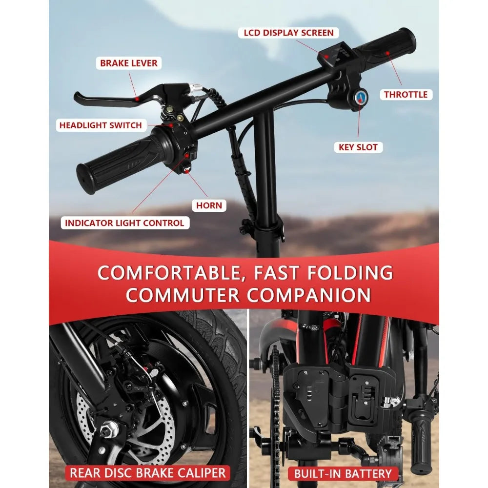 14’’ Electric Bike, Folding Electric Bicycle for Adults, 22 Mph,20+ Miles,350W (Peak 400W) Motor,Mini Fat Tire Ebike, 36V