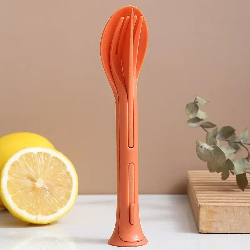 Portable Cutlery Set 3 In 1 Travel Reusable Cutlery Set Japan Style Wheat Straw Knife Fork Spoon Dinnerware Kitchen Tableware