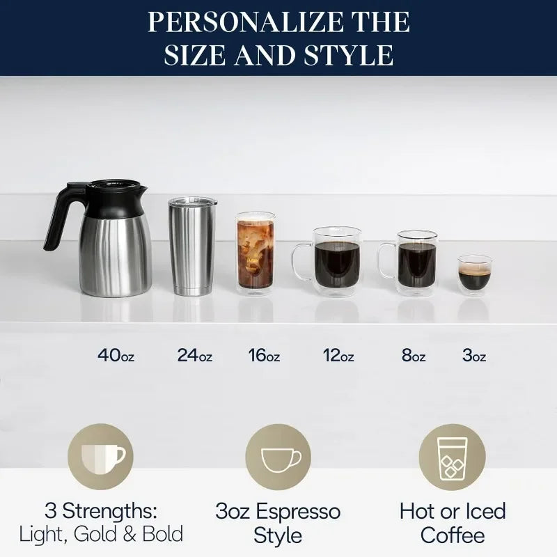 De'Longhi TrueBrew Drip Coffee Maker, Built in Grinder, Single Serve, 8 oz to 24 oz with 40 oz Carafe, Hot or Iced Coffee