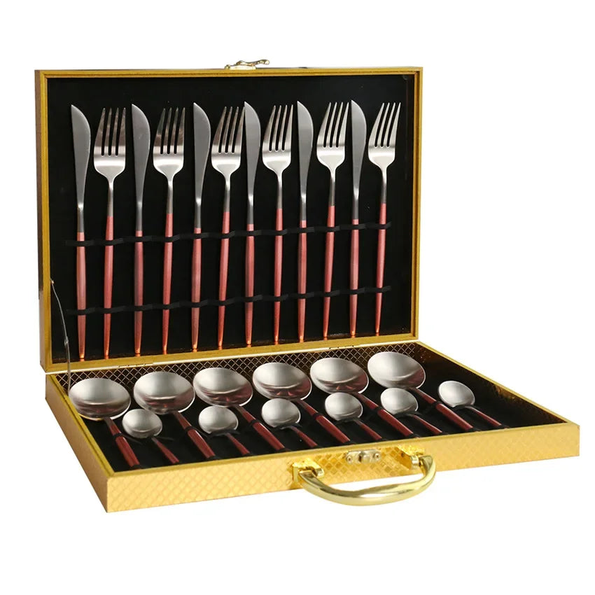 Factory Directly Gold Cutlery Set Wedding Banquet Feast 24PCS Stainless Steel Gold Plated Flatware Set with Wooden Box