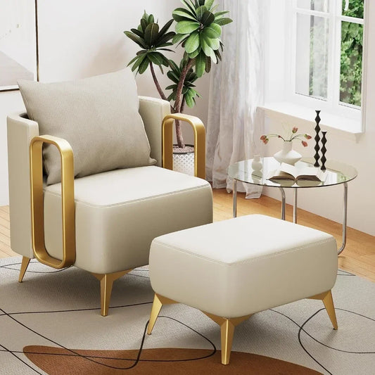 Chair with Ottoman,Faux Leather Upholstered  Reading Single Sofa chair Bedroom Living Room Office,Armchair with Metal Legs,Beige