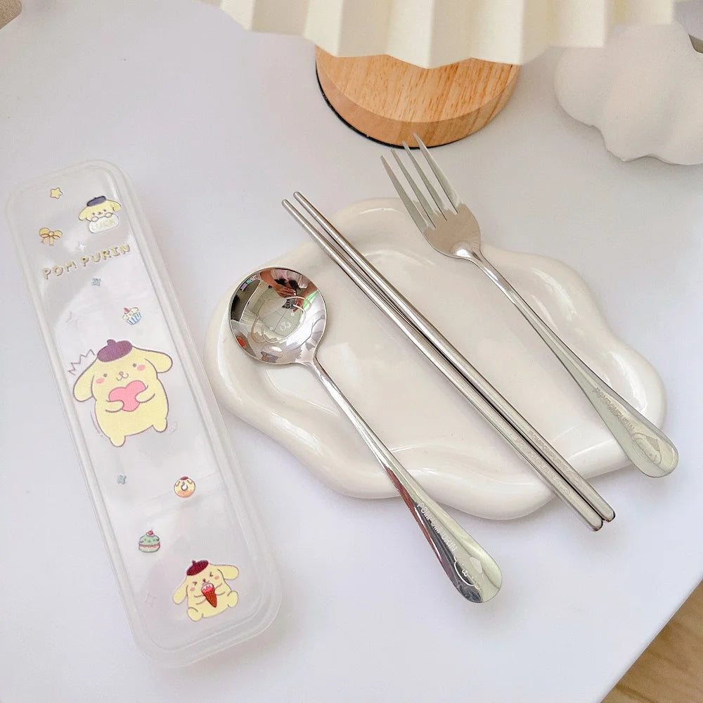 Sanrio Cutlery Set Mymelody Kuromi Kawaii Spoon Fork Chopstick Tableware Set Portable Dinnerware for Kid Anime Flatware with Box