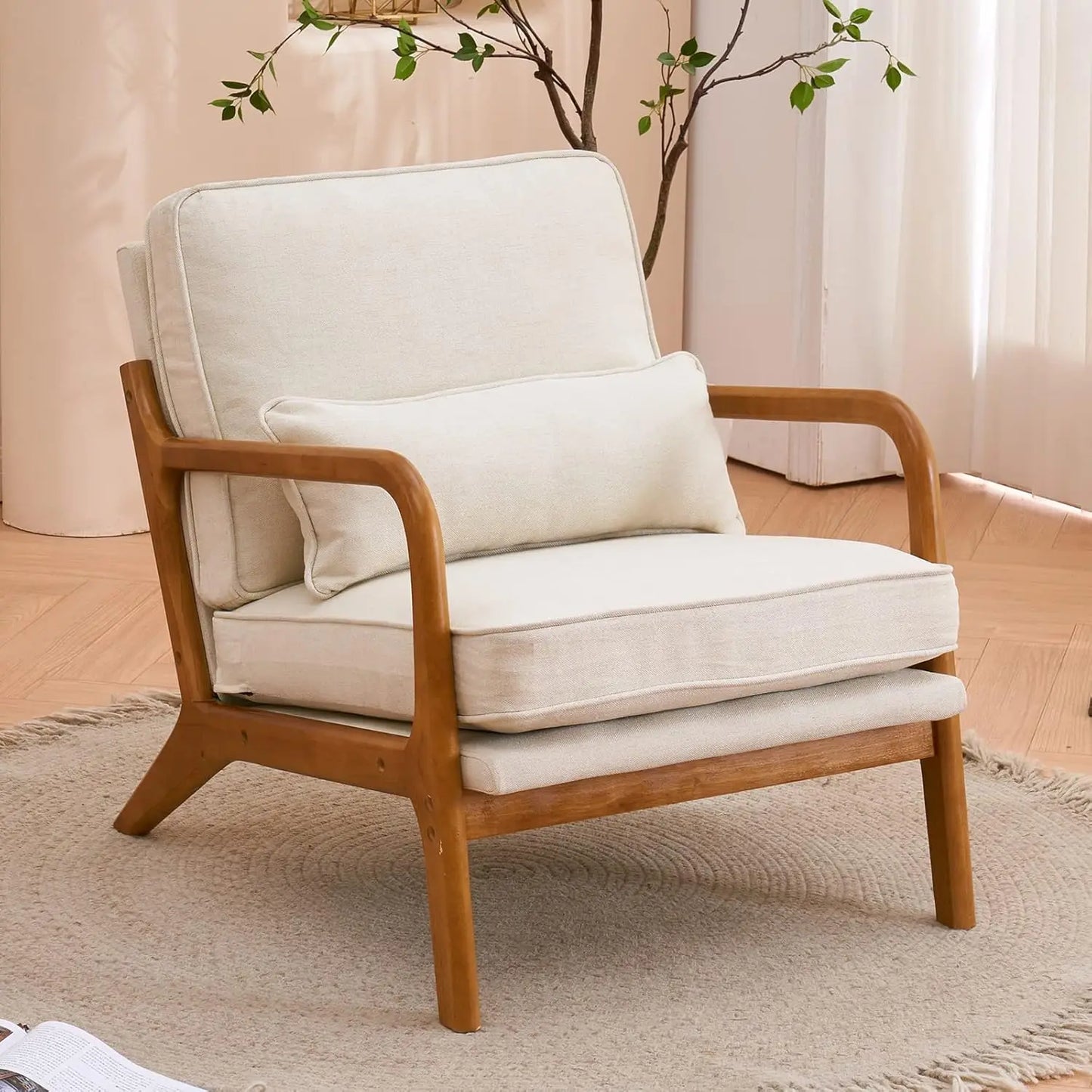 Beige Accent Chairs Set of 2, Upholstered Mid Century Modern Lounge Fabric Chairs Reading Chairs Side Sitting Chair Solid Wood F