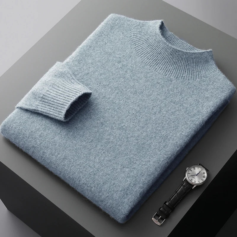 New Men's 100% Merino Wool Mock Neck Pullover Cashmere Sweater Soft Warm Jumpers Quality Casual Smart Knitwear Basic Tops Clothi