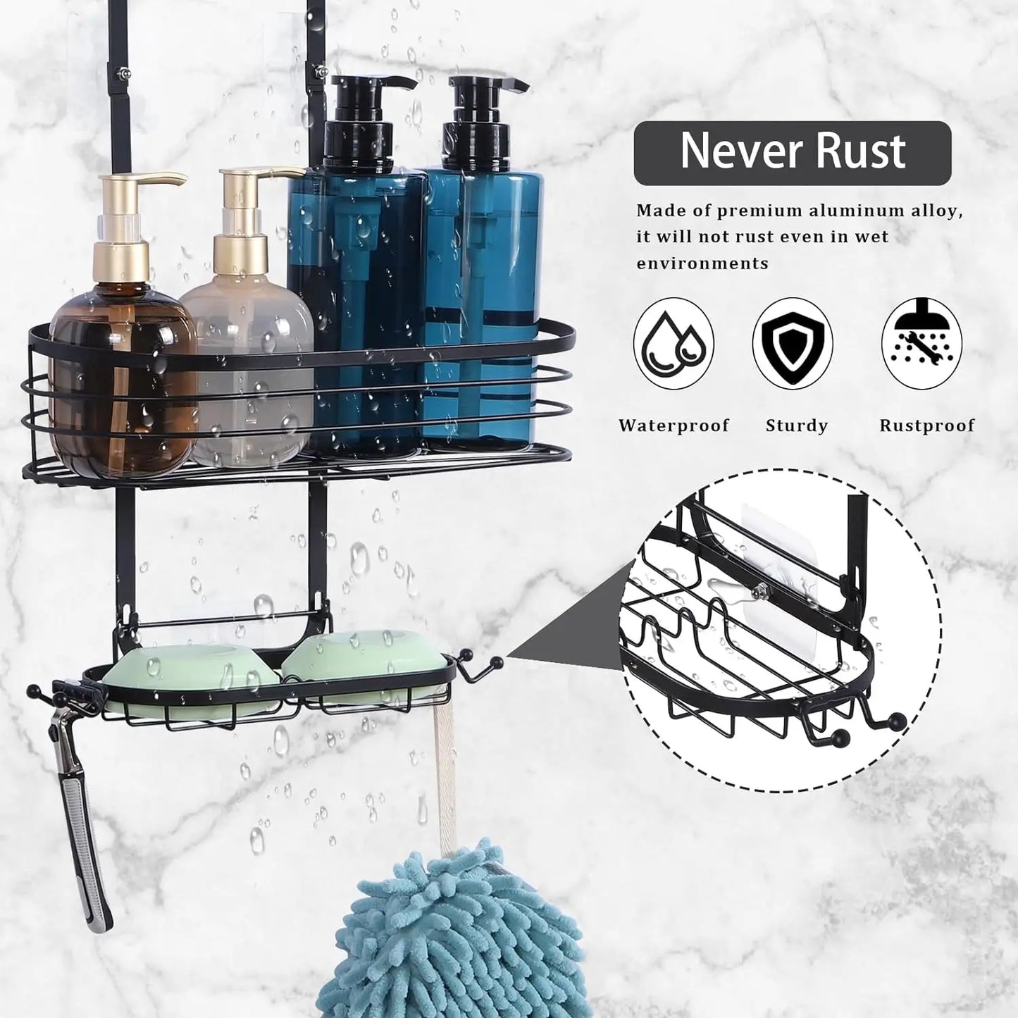 Bathroom hanging shower rack, shower storage rack with 4 hooks, rust proof and waterproof shower storage rack
