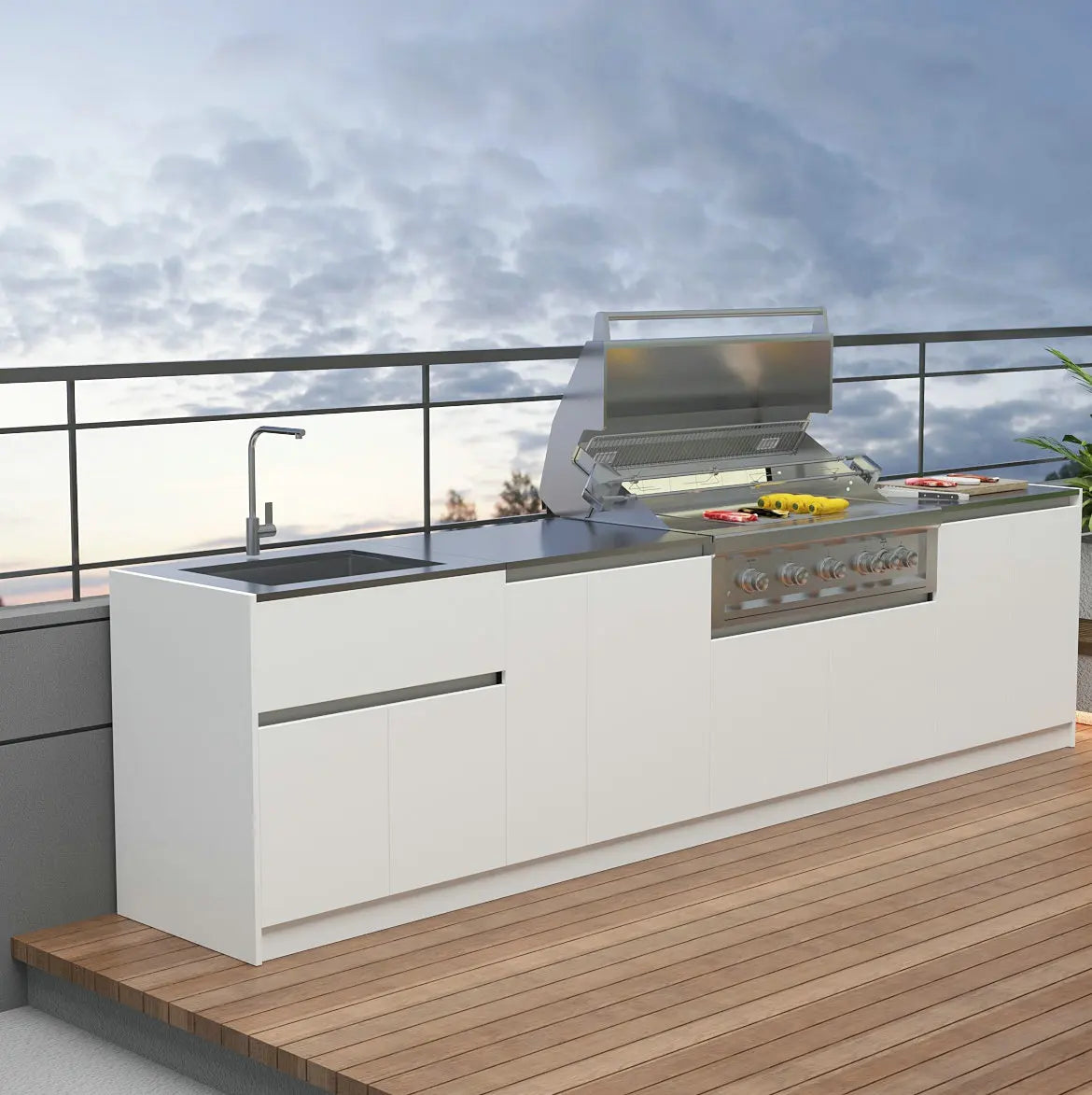 Stainless steel outdoor BBQ kitchen to fit grills refrigerator sink gascooker cabinets drawer counter top working  Bar area