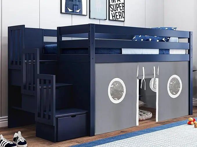 Kids Bed Frame, Contemporary Low Loft Twin Bed with A 3 Drawer Stairway, Cherry with Gray & White Tent, Bed Frame Children