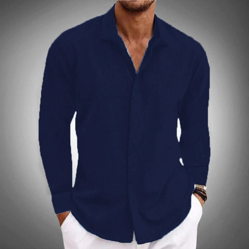 2024 New Men's casual Long sleeve shirt solid color lapel hidden button fashion comfortable high street top