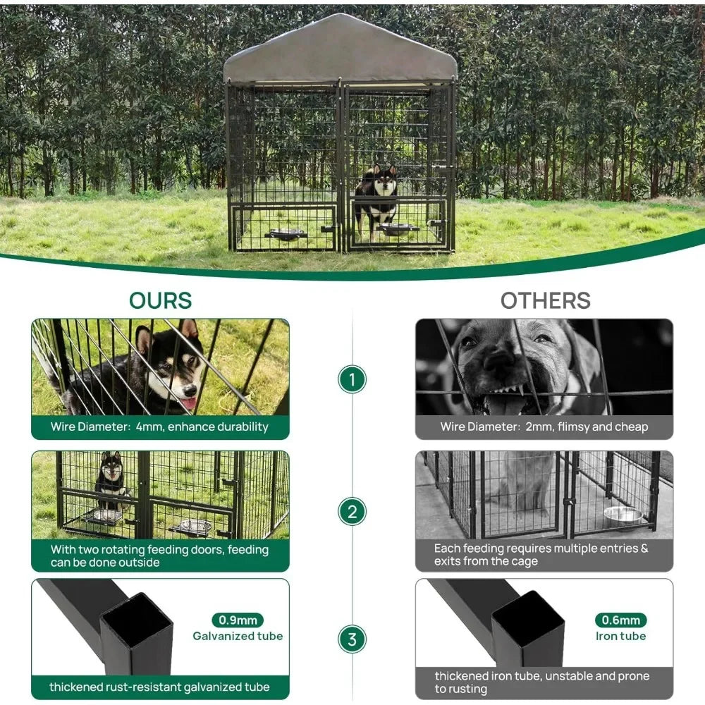 Dog Kennel Outdoor with Roof and Rotating Bowl Holders, Large Metal Dog Enclosure, Heavy Duty Dog House Built