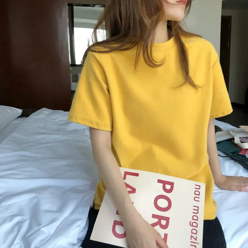 White short sleeve T-shirt women's summer 2023 loose simple cotton T-shirt round neck with five-point top trend