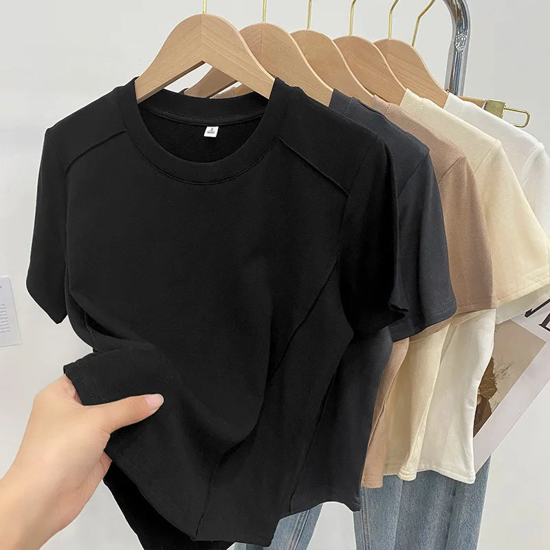 Solid color round Tops neck short sleeved slim fit T-shirt for women 2025 summer new western-style short shoulder shirt T-Shirt
