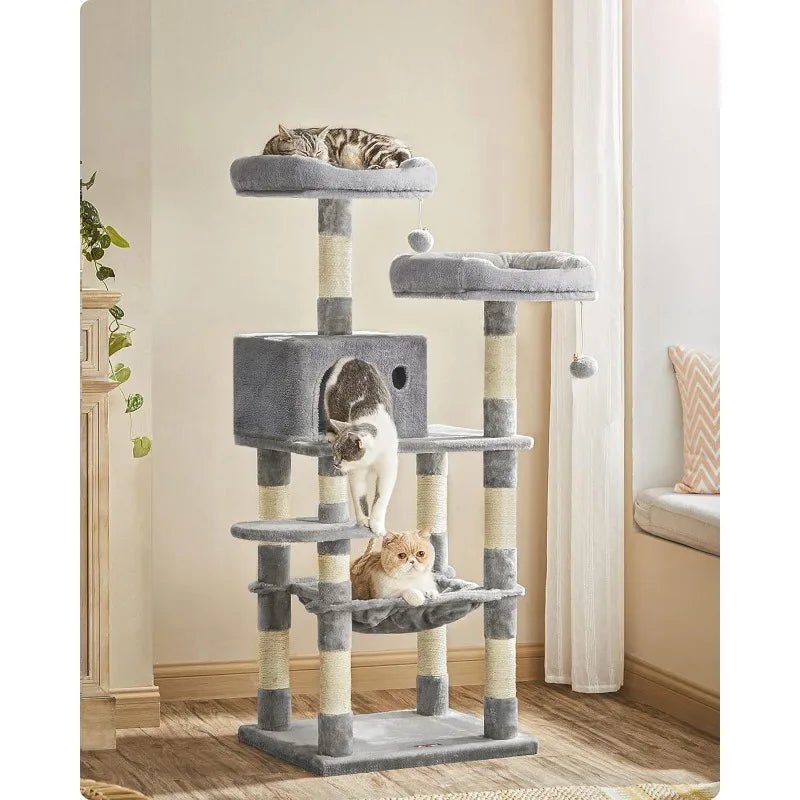 Cat Tree, Cat Tower for Indoor Cats, 56.3-Inch Cat Condo with Scratching Posts, Hammock, Plush Perch,