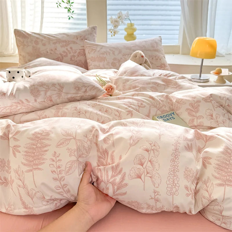 Pink Floral Printed Duvet Cover with Pillowcase Single/Queen/King Duvet Cover Sets Super Soft Bedding Sets for Double Beds