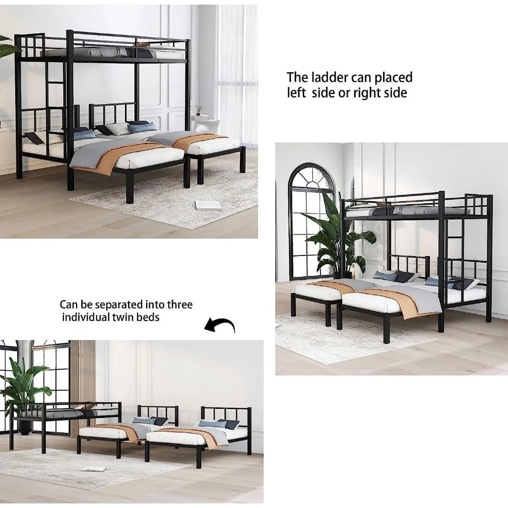 Black Metal Triple Bunk Beds Frame, Twin Over Twin & Twin Bunk Bed with Guardrails, Can Be Separated into 3  Beds for Kids