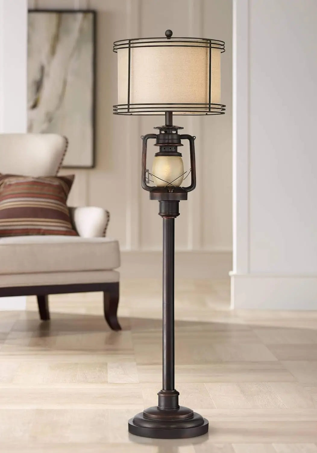 Barnes And Ivy Henson Rustic Industrial Farmhouse Standing Floor Lamp With Night Light Glass 63"" Tall Bronze Earthy Fabric