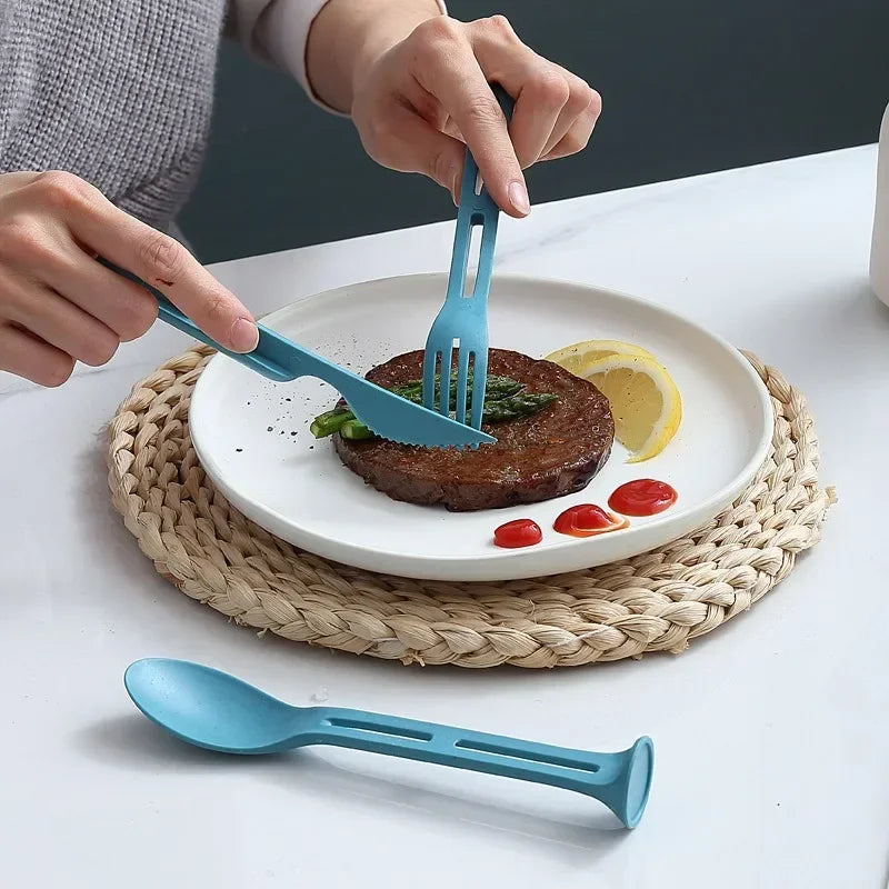 Portable Cutlery Set 3 In 1 Travel Reusable Cutlery Set Japan Style Wheat Straw Knife Fork Spoon Dinnerware Kitchen Tableware