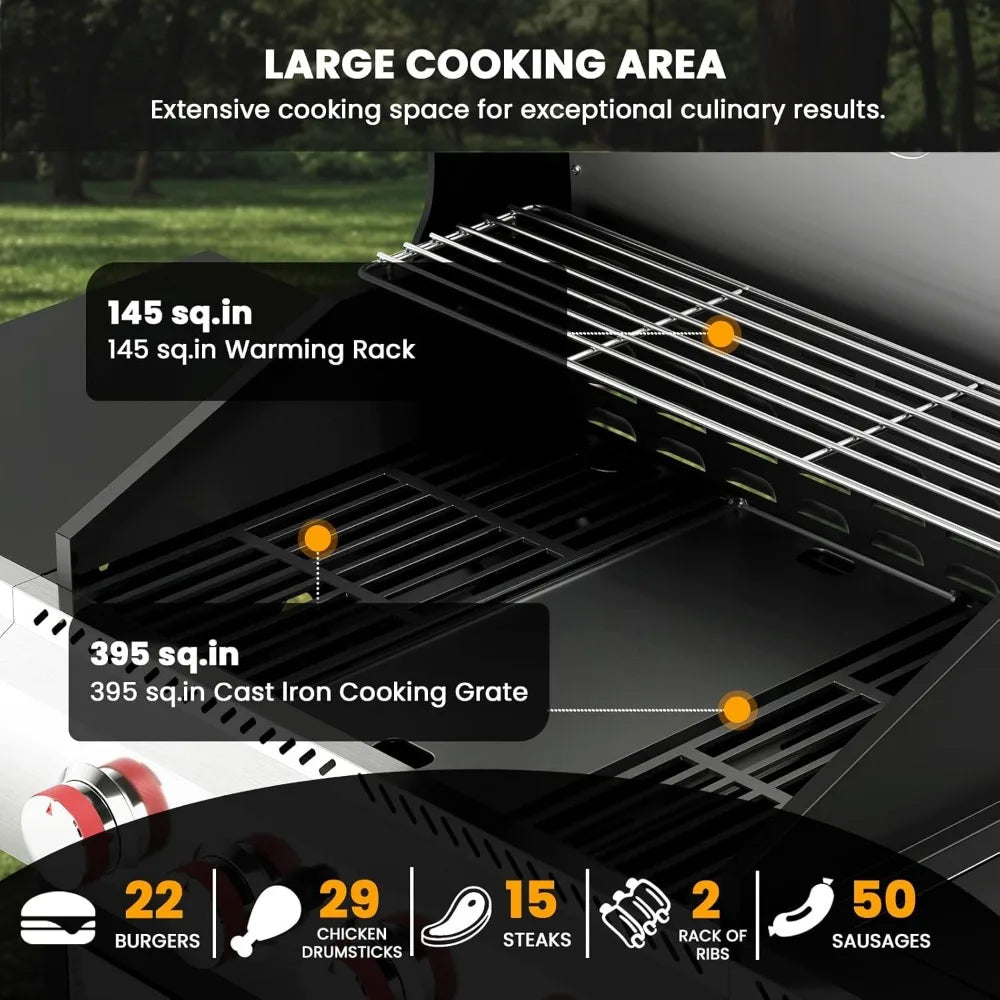 4-Burner Gas BBQ Grill with Side Burner, Porcelain-Enameled Cast Iron Grates, Baking Pan,Outdoor Cooking and Patio Barbecues