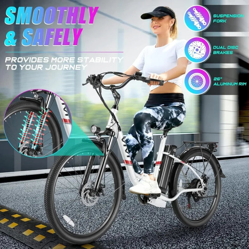 QVivi for Adults 750W Peak Ebike with Removable Battery, 26'' Electric Commuter Bike 21.7MPH; 50 Miles Adult Electr