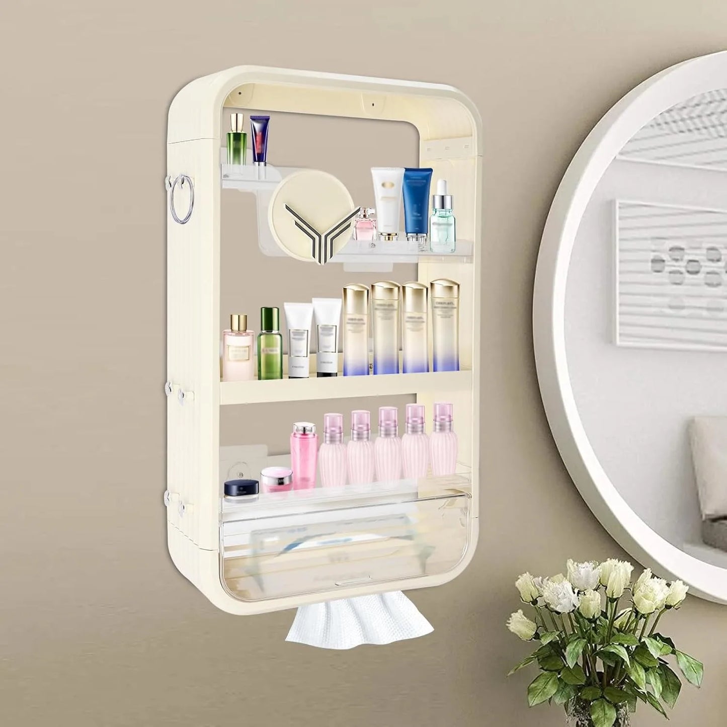 Wall Mount Makeup Organizer,Adhesive Shelf Bathroom Shelves for Wall, Perfume Organizers with Tissue Hole No Drilling Hang Walls