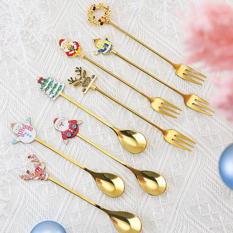 4PCS 304 Stainless Steel Golden Cutlery Christmas Cutlery Coffee Stirring Spoon Christmas Gift Santa Dessert Spoon Kitchenware