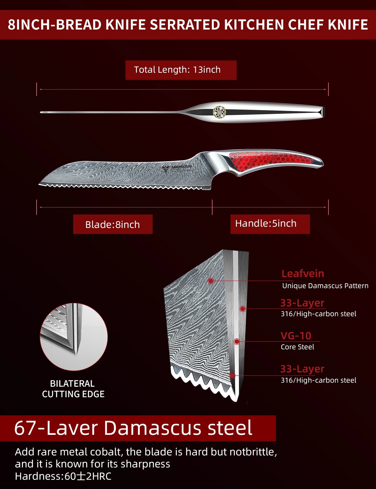 SANMUZUO 8 inch Serrated Bread Knife, Japanese VG-10 Damascus Steel Kitchen Knife, Resin Handle, LA-S9 Series