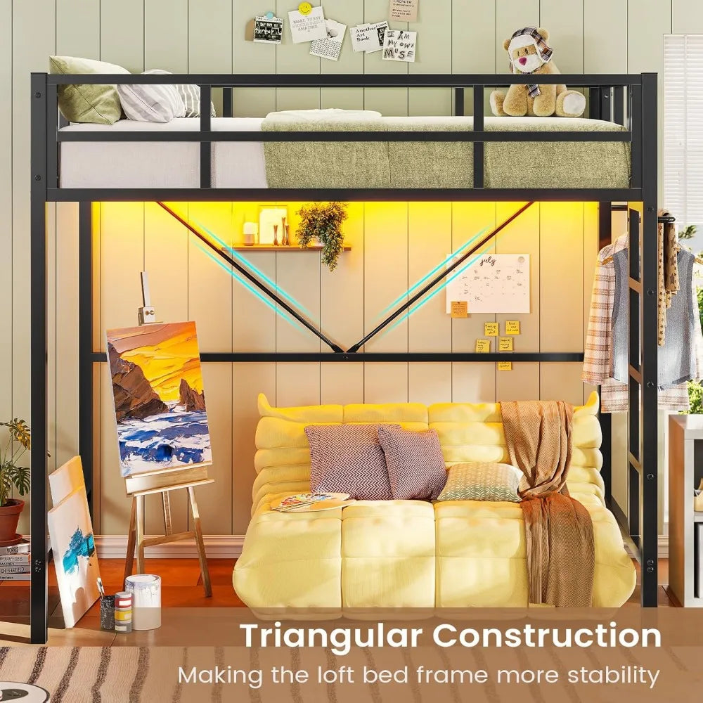 Twin Loft Bed with LED Lights, Metal Loft Bed Twin Size with Full-Length Guardrail &Clothes Rack,Heavy Duty Metal Loft Bed Frame