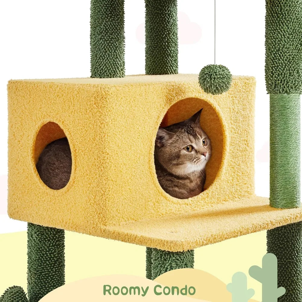 Cactus Cat Tree Large Cat Tree for Indoor Cats, Multi-Level Cat Tower with 2 Large Condo Scratching Posts 2 Acrylic Clear Bowls