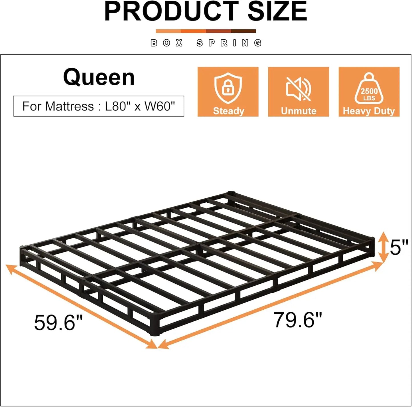 new 5 Inch Box Spring Queen Size Bed Base, 3000 lbs Heavy Duty Metal Mattress Foundation with Fabric Cover, Easy Assembly